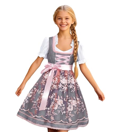 Dirndl Kinder 128 Grau Mädchen Trägerrock Für Trachtenmode Oktoberfest Kinderdirndl Bluse Mit Trachtenkleid Und Spitzenschürze Mittelalter Kleidung 3 Teilig Vintage Kleid Elegant Girl Outfits von Generisch