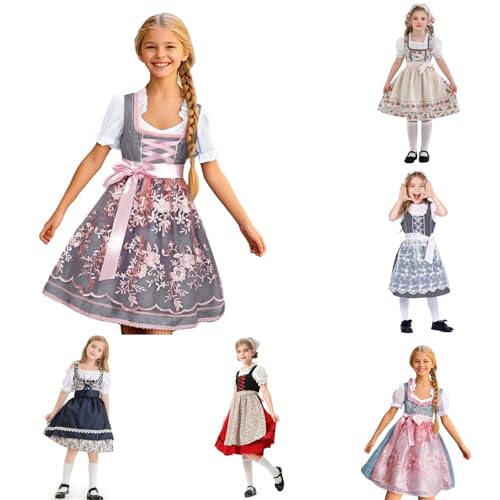 Dirndl Mädchen 146 Grau Oktoberfest Kostüm Vintage Mittelalter Kleidung Dirndl Set 3 Teilig Kleid Mit Bluse Und Spitzenschürze Kinderdirndl Trachtenmode Trachtenkleid Festlich Girl Halloween Outfits von Generisch
