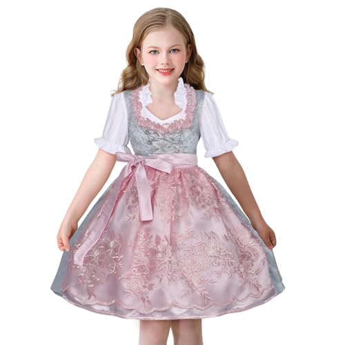 Dirndl Mädchen Oktoberfest Outfit Kinder Vintage Mittelalter Kleidung Set Kinderdirndl Midi Trachtenkleid Trachtenbluse Schürze Dirndl-sets Bequem Festlich Partykleid Trachtenmode für Oktoberfest von Generisch