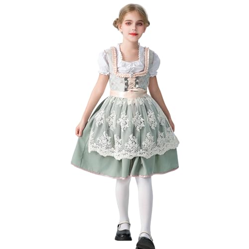 Dirndlbluse Mädchen Oktoberfest Kinder Dirndl Kleid Set Mit Bluse & Schürze Kinder Oktoberfest Kostüme Trachten Trachtenkleid für Mädchen 3-12 Jahre Traditionelles Kostüm (02 Green, 11-12 Years) von Generisch