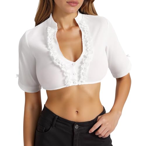 Dirndlblusen Für Damen Dirndlbluse Dirndl Bluse V Ausschnitt Mit Flügelärmel Trachtenbluse Weiß Lang Dirndlstern Blusen Trachtenmieder Schlicht Schürze Spitze Weiss Hochgeschlossen (02 Weiß, M) von Generisch