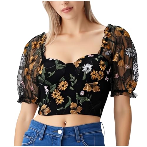 Dirndlblusen für Damen, Weiß Spitze Dirndlblusen Geknöpft, Kurzarm Dirndl Bluse Trachtenbluse für Oktoberfest von Generisch