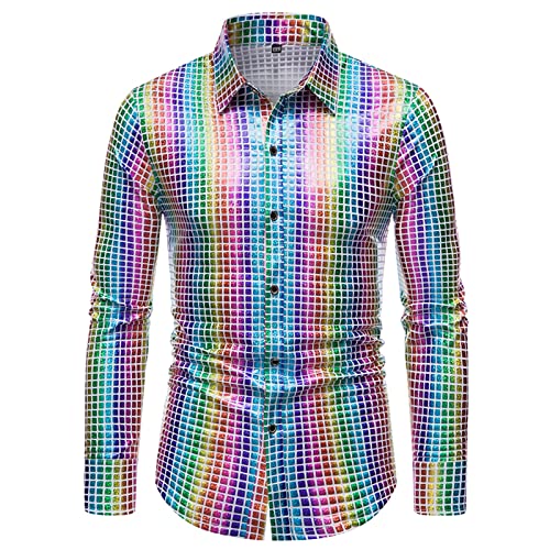 Disco Hemd Herren 70er Outfit Glitzer Hemden Langarm Glänzende Business Shirt Freizeithemden für Männer Party Karneval Kustüm Discokugel Mottoparty Nachtklub Musikfestival Silvester Outfit Herren von Generisch