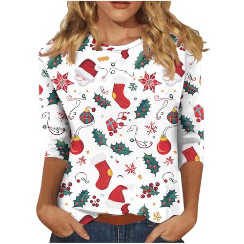 Discounter 3/4 Ärmel Shirt Damen Weihnachten Bedrucken Bluse Lustig Christmas Langarmshirt Dünne Weihnachtspullover Festliche Karneval Weihnachtspulli Longsleeve von Generisch