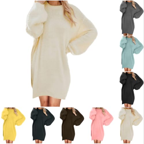 Discounter Pulloverkleid Damen Große Größen Plüsch Kleid Elegant Knielang Herbstkleid Einfarbig Fleece Sweatkleid Rundhals Pullover Minikleid Langarm Sweatshirtkleid Freizeit von Generisch