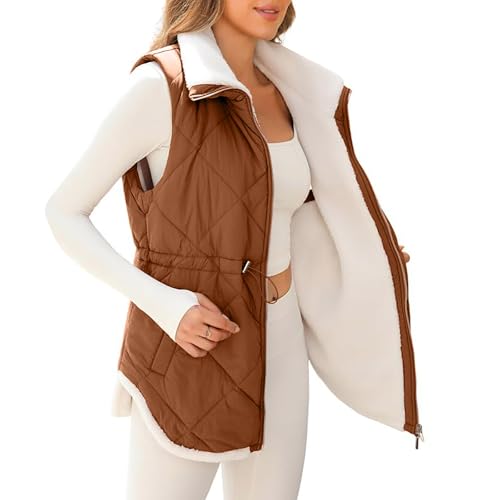 Discounter Weste Damen Lang Winter Revers Fleeceweste Einfarbig Fleece Steppweste Warm Gefüttert Longweste Outdoor Winterweste Ärmellose Winterjacke Damen-Westen Plüschweste mit Kordelzug von Generisch