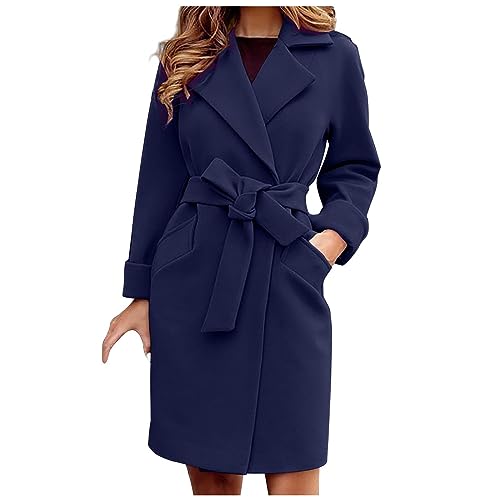 Discounter Wollmantel Damen Lang Übergangsjacke Trenchcoat Slim Fit Herbstjacke mit Gürtel Elegant Revers Übergangsmantel Langarm Winterjacke Cardigan Einfarbig Wintermantel Outwear Damen-Jacken von Generisch