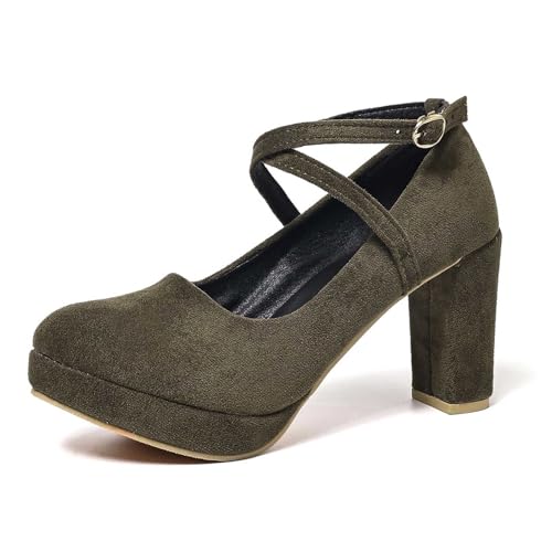 Dktoberfest Damen-Sandalen mit klobigem Absatz, modische, quadratische Zehenpartie, Slip-On-Knöchelriemen, High Heels, Bequeme Abendschuhe für Damen (Dark Green, 43) von Generisch