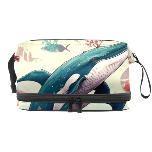 Doppellagige Kosmetiktasche, Wal, Fische, Gras, tragbare Make-up-Tasche, Reise-Organizer-Tasche für Frauen und Mädchen, mehrfarbig 5, 27x15x14 cm/10.6x5.9x5.5 in, Kosmetiktasche von Generisch