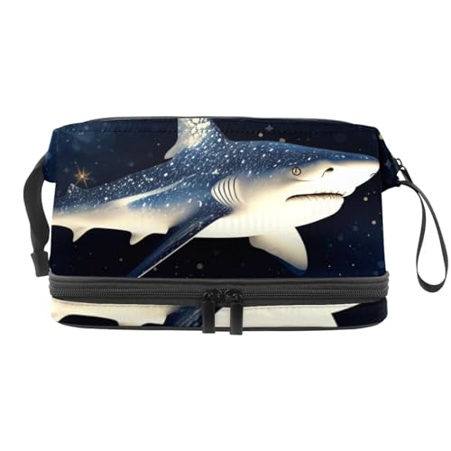 Doppellagige Kosmetiktasche Stern mit Haifisch-Muster, tragbare Make-up-Tasche, Reise-Organizer-Tasche für Frauen und Mädchen, mehrfarbig 3, 27x15x14 cm/10.6x5.9x5.5 in, Kosmetiktasche von Generisch