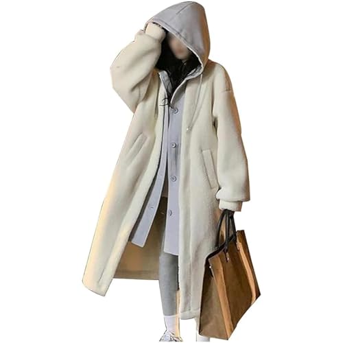 Doppellagiger Kapuzenmantel aus Lammwolle, lange Kapuzenjacke aus Fleece, Knopf, Oberbekleidung, Lammwoll-Kapuzenjacke, weiß, S Doppellagiger Kapuzenmantel aus Lammwolle, lange Kapuzenjacke aus Fleece, Knopf, Oberbekleidung, Lammwoll-Kapuzenjacke, weiß, S von Generisch