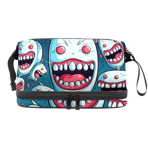 Doppelschichtige Kosmetiktasche, Cartoon-Motiv, kleine Zähne, tragbare Make-up-Tasche, Reise-Organizer-Tasche für Frauen und Mädchen, Mehrfarbig 1, 27x15x14 cm/10.6x5.9x5.5 in, Kosmetiktasche von Generisch