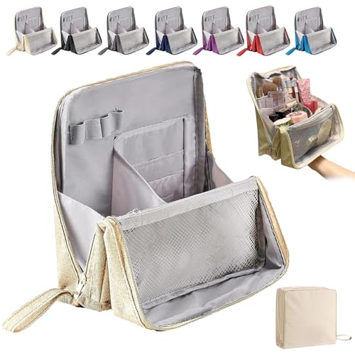 Doresty Makeup Bag with Compartments, Portable, Large Capacity, Standing Makeup Bag, Multi-Purpose Oxford Cloth Standing Makeups Bags, Toiletry Bag for Girls Women (Beige) von Generisch