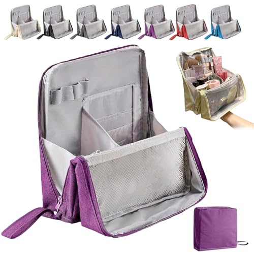 Doresty Makeup Bag with Compartments, Portable, Large Capacity, Standing Makeup Bag, Multi-Purpose Oxford Cloth Standing Makeups Bags, Toiletry Bag for Girls Women (Purple) von Generisch