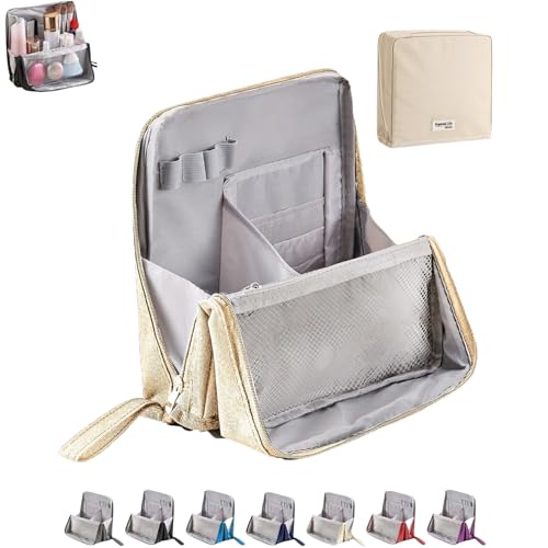 Doresty – Portable, Large Capacity, Vertical Large Opening Waterproof Multifunctional Make up Bags with Compartments, Toiletry Bag for Girls Women(Beige) von Generisch
