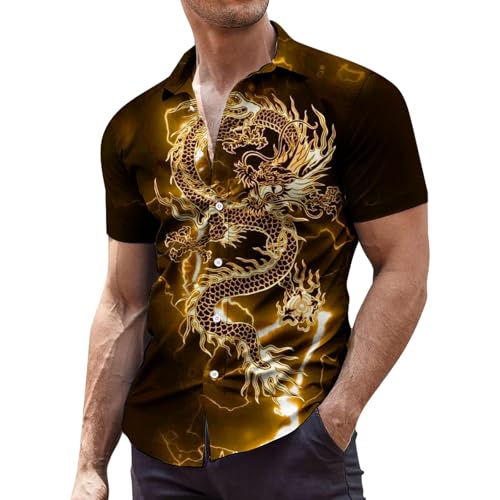 Drachen Hemd Herren Kurzarm Sommerhemd Dragon Print Shirt Regular Fit Freizeithemd Chinesische 3D Drache Kurzarmhemd Revers Button Down Strandhemd Männer Atmungsaktiv Oberteile von Generisch