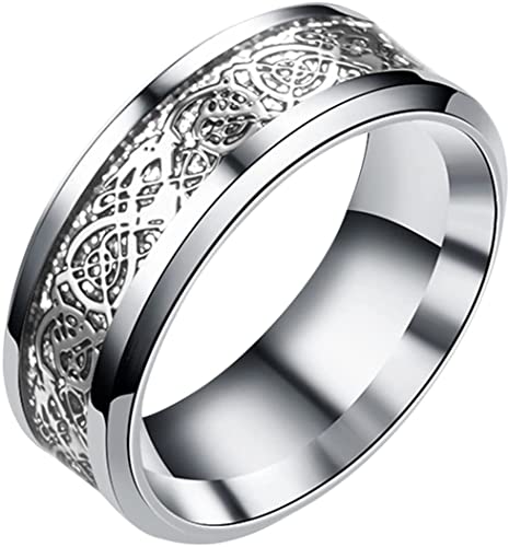Drachen Muster Ringe Silber I 8mm Breite Ringe Unisex Edelstahl Fingerring I Stapelbarer Knöchelring Stapelringe Schmuck Geschenk zum Muttertag Ostern Hochzeitstag von Generisch