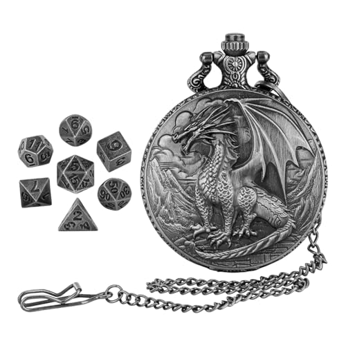 Dragon Pocket Watch – Shells Dragons Tragbare | Uhr aus polyedrischem Metall geeignet | Sehen Sie das Würfel-Set des Gehäuses | Taschenuhr mit mechanischem Dampf | Uhr Shell Case mit 7 DiCea pro Gl von Generisch