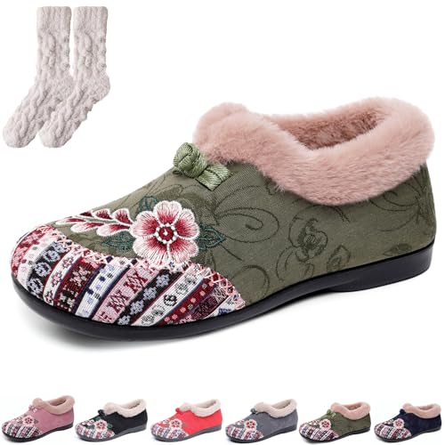 Dritnow Boots, Women’s Warm Floral Embroidered Winter Shoes, Cozy, Lightweight & Non-Slip Everyday Shoes for Women (Green,37) von Generisch