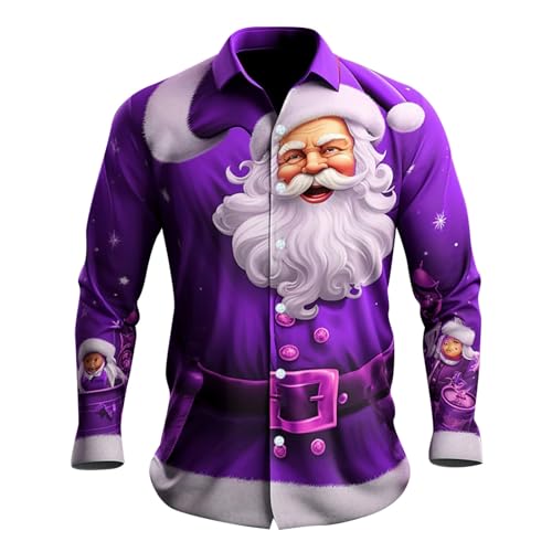 Druck Weihnachtshemd Herren Slim Fit Christmas Shirt Hawaiihemd Weihnachten Muster 3D Bedruckte Weihnachten Sweatshirt Hemd Lustige Freizeitkleidung Langarm-Revershemd von Generisch