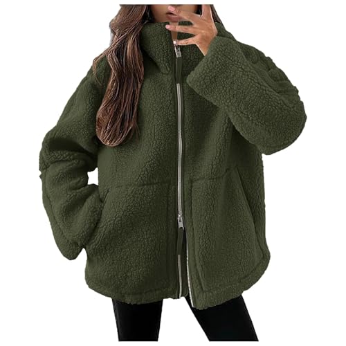 Dünne Fleecejacke Damen, Teddyjacke Damen Warme Doppelschneidiger Samt Jacke Dicke Freizeit Winterjacke Einfarbig Fleecejacke mit Taschen Reißverschluss Wintermantel 2024 Neueste Plüschjacke von Generisch