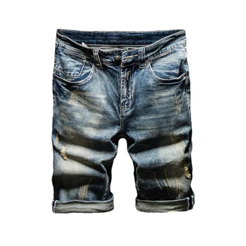 Dünne Herren-Jeans für den Sommer, nostalgischer Buchstabendruck, Stretch, gerade, Punk, lässige Denim-Shorts, blau, 34W von Generisch