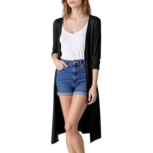 Dünne Strickjacke Damen Lang Leinenbluse Bequeme Leicht Baumwolle Leinen Cardigan Blusenjacke Open Front Strand Shirts Sommer Musselin Blouson Langarmshirt Sommerjacke Sonnenschutz Jacke von Generisch
