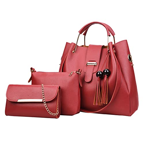 Dunkelrote Handtasche Damen Umhängetasche Groß Taschen Organizer Upgrade 3 teiliges Set Umhängetasche Handtaschen Brieftasche Tragetasche ä Top Satchel Zwei Taschen Damen Laptop (RD1,One Size) von Generisch