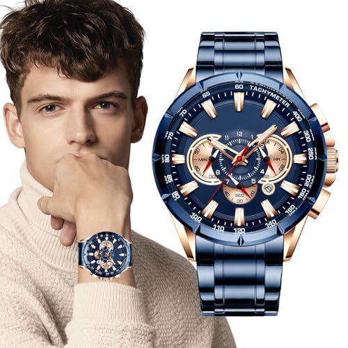 Edelstahl Uhren für Männer, Business Watch - Herrenuhr mit DREI Subdialen,Modeschmuck, Klassische Kalenderdatum mechanische Band für Geburtstage, Neujahr von Generisch