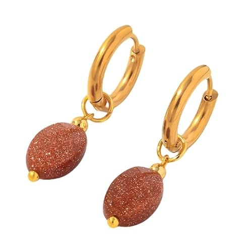 Edelstein Creolen für Damen, Ovale Goldene Sandsteinperlen, Tropfenförmig, Baumelnd, Abnehmbare Huggie Ohrringe, Handgefertigt, Leicht, Geometrisch, Sommer/Strandschmuck von Generisch
