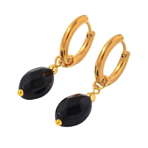 Edelstein Creolen für Damen, Ovale Obsidianperlen, Tropfenförmig, Baumelnd, Abnehmbare Huggie Ohrringe, Handgefertigt, Leicht, Geometrisch, Sommer/Strandschmuck von Generisch
