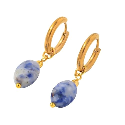 Edelstein Creolen für Damen, Ovale Sodalithperlen, Tropfenförmig, Baumelnd, Abnehmbare Huggie Ohrringe, Handgefertigt, Leicht, Geometrisch, Sommer/Strandschmuck von Generisch