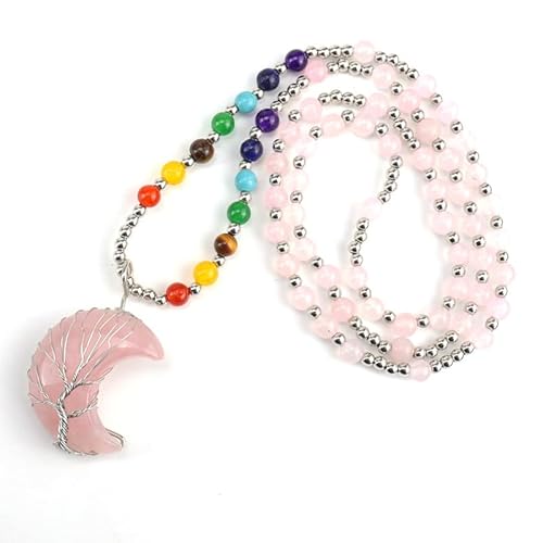 Edelstein Kette,Verstellbare Bunte Perlenpulloverkette Mit Natürlichem Edelsteinkristall, Lebensbaum, Gewundener Mondanhänger, Energieschmuck Für Männer Und Frauen Edelstein Kette,Verstellbare Bunte Perlenpulloverkette Mit Natürlichem Edelsteinkristall, Lebensbaum, Gewundener Mondanhänger, Energieschmuck Für Männer Und Frauen von Generisch