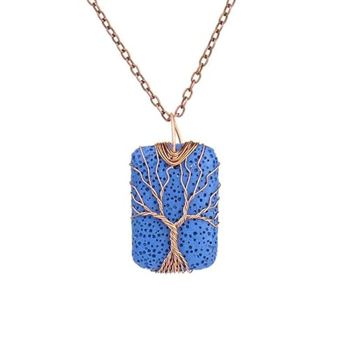 Edelstein Kette,Verstellbare Kupferkette Mit Natürlichem Edelsteinkristall, Handgewickelt, Rechteckig, Anhänger Aus Vulkanstein, Lebensbaum, Halskette, Energieschmuck Für Männer Und Frauen, Blau von Generisch