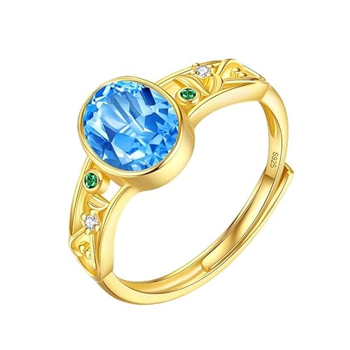 Edelsteinring Aus 925Er Sterlingsilber Für Damen, 14 Karat Vergoldet, Verstellbar, 6 X 8 Mm, Ovaler Schliff, Kristall, Verlobungsring, Cocktailring, Ehering, Geschenk Mit Box, Topas von Generisch