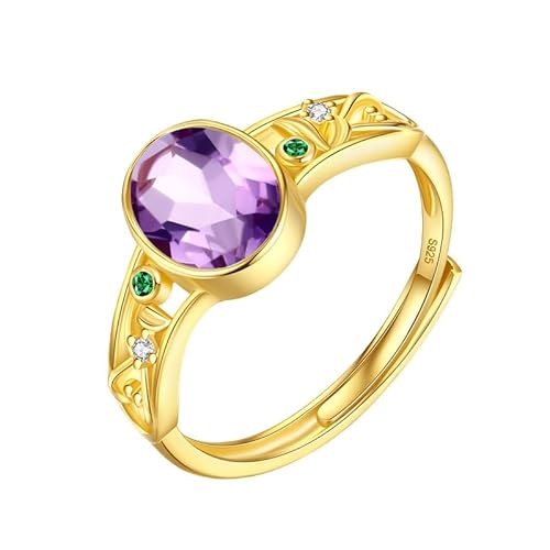 Edelsteinring Aus 925Er Sterlingsilber Für Damen, 14 Karat Vergoldet, Verstellbar, 6 X 8 Mm, Ovaler Schliff, Kristallband, Verlobungsring, Cocktailring, Ehering, Geschenk Mit Box, Amethyst von Generisch