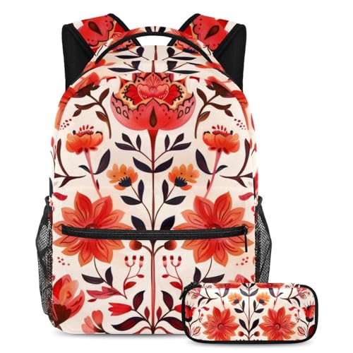 Eine perfekte Ergänzung für Ihren kleinen Star, 2-teiliges Schulranzen-Set für Kinder, Rucksack und Federmäppchen, rote Blumen, mehrfarbig, B：29.4x20x40cm P：19x7.5x3.8cm, Tagesrucksäcke von Generisch