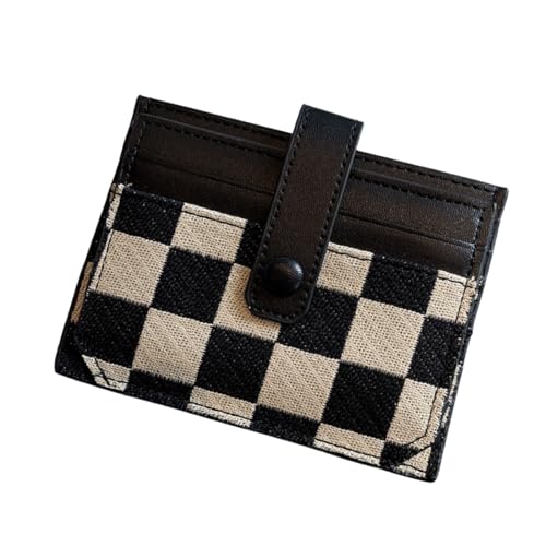 Eine süße und schlanke Frau mit einer Canvas-Vordertasche, karierte Geldbörse, schwarzes Kreditkartenetui Eine süße und schlanke Frau mit einer Canvas-Vordertasche, karierte Geldbörse, schwarzes Kreditkartenetui von Generisch