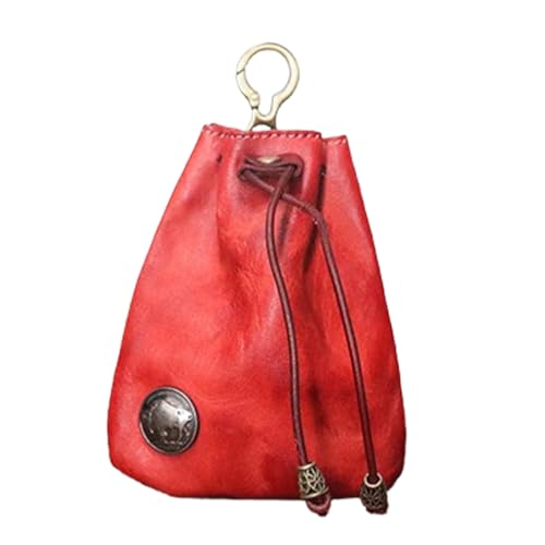 Einfache Retro-Aufbewahrungstasche aus Rindsleder, Retro-Geldbörse mit Kordelzug, mittelalterliche Gürteltasche aus echtem Leder (Wine Red,One Size) von Generisch