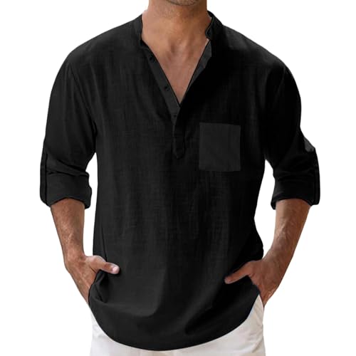 Einfarbig Leinenhemd Herren Langarm Sommer Henley Shirt Leicht Luftig Freizeithemd Locker Stehkragen Lässige Hemden Bequeme Weich Sommerhemd Vintage Button Down Strandhemd Männer Langarmhemd von Generisch