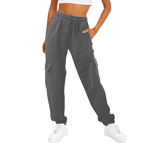 Einfarbig Sporthose Damen Damen Daily Home Outdoor-Hose mit elastischem Bund und Seitentaschen, lässige Trainingshose, Sweatshirt-Cargohose Cargohose Damen (Dark Gray, XL) von Generisch