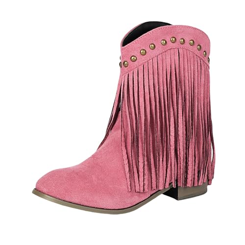 Einfarbige, klobige Stiefeletten mit runder Zehenpartie und Flacher Sohle, modische Stiefel mit Absatz und Reißverschluss für Damen Damen Schuhe Rot 40 (Pink, 46) von Generisch