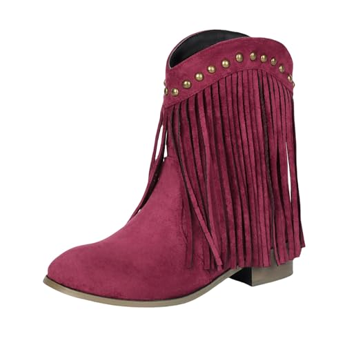 Einfarbige, klobige Stiefeletten mit runder Zehenpartie und Flacher Sohle, modische Stiefel mit Absatz und Reißverschluss für Damen Damen Schuhe Rot 40 (Wine, 42) von Generisch