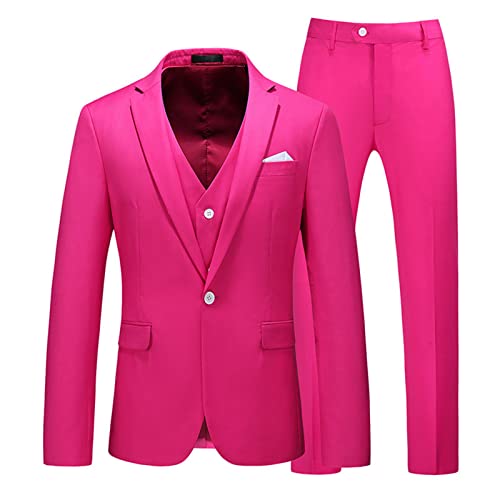 Einfarbiger 3 teiliger Blazer Anzug für Herren Formales Hochzeits Smoking Set mit Einem Knopf Lässige Klassische Passform Business Jacke, Weste, Hose (Rosa 2,XXL) von Generisch