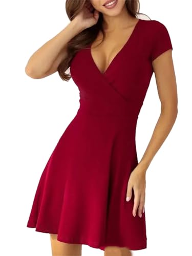 Einfarbiges A-Linien-Kleid für Damen, V-Ausschnitt, kurzärmelig, Minikleid, weinrot, L von Generisch