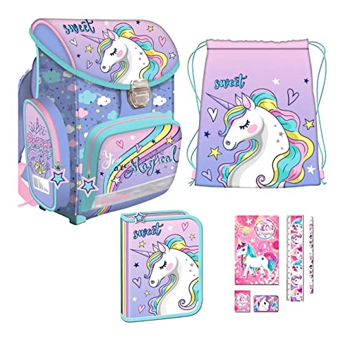 Einhorn Unicorn Pferd Schulranzen Tornister Federtasche Mädchen 8 TLG Turnbeute von Generisch