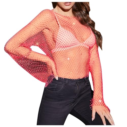 Einzigartige Mesh-Netz-Körperkette, Kristall, langärmelig, Fischernetz, bauchfreies Top, Strass-Cover, T-Shirt, Bluse Weißer Overall Spitze,Geeignet für Shopping, Freizeit Alltag (Red, XS) von Generisch