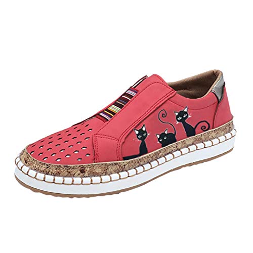 Elastische Katze Damen Print Größe Schuhe Casual Überschuhe Plus Flache Einzelschuhe Damen Freizeitschuhe Business Casual Kleid Schuhe, rot, 38 EU von Generisch