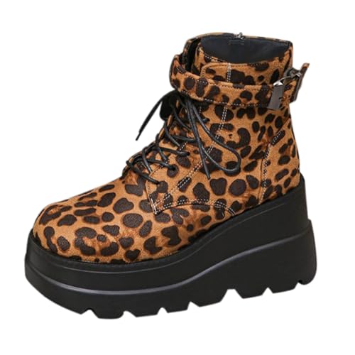 Elegant Leopardenmuster Wasserdicht Stiefel Bequem Fleece Gefüttert Boots Mode Plateau rutschfest Schnürstiefel Freizeit Breite Fuße Orthopädische Stiefel von Generisch