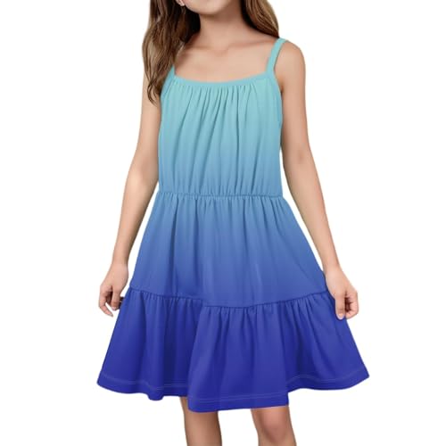 Elegant Spaghetti Träger Sommerkleid Mädchen Ärmellos Hohe Taille Baumwolle Kleid Prinzessin Sommer Strand Schöne Kleider Teenager Baggy Alltag Urlaub Kleidung (Blue-C, 11-12 Years) von Generisch
